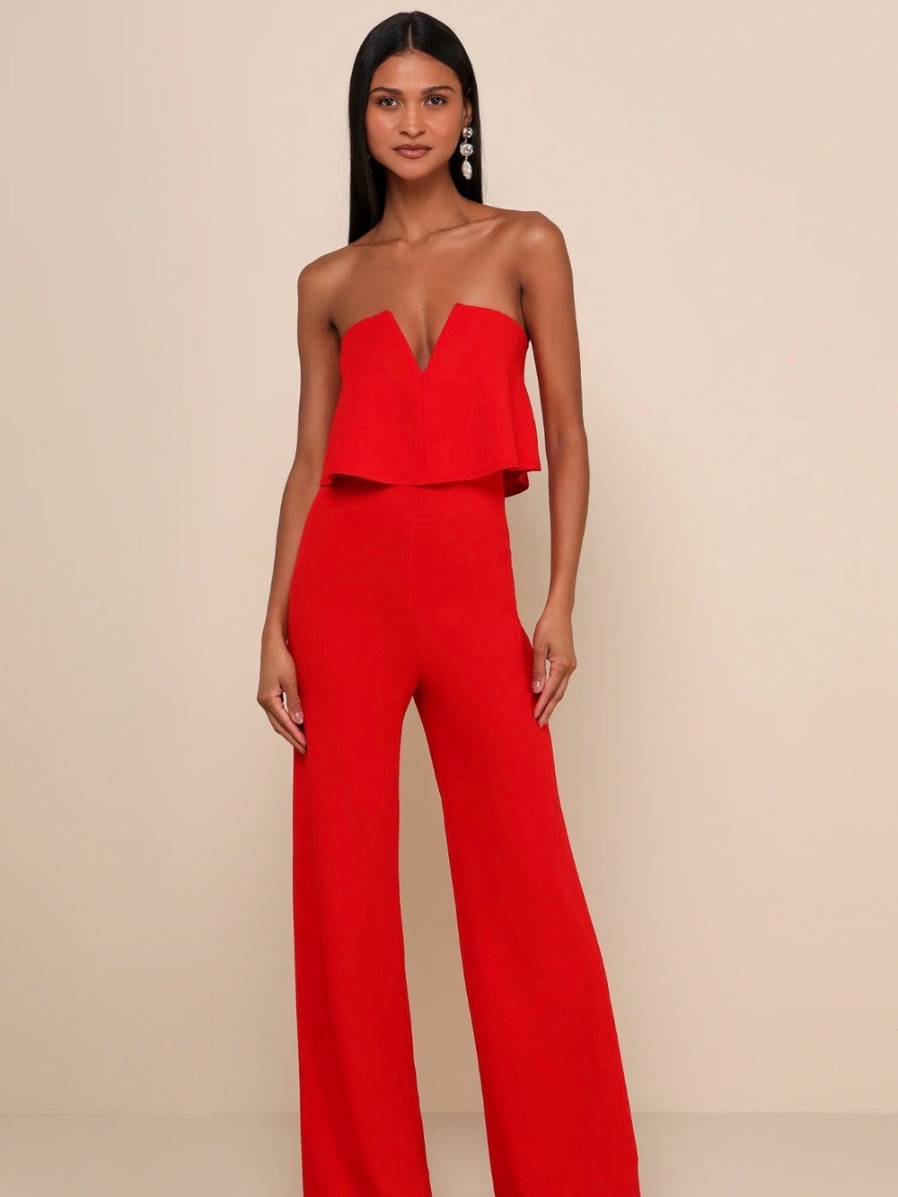 Lulus Power of Love Strapless Red Wide-Leg Jumpsuit with Fitted Bodice